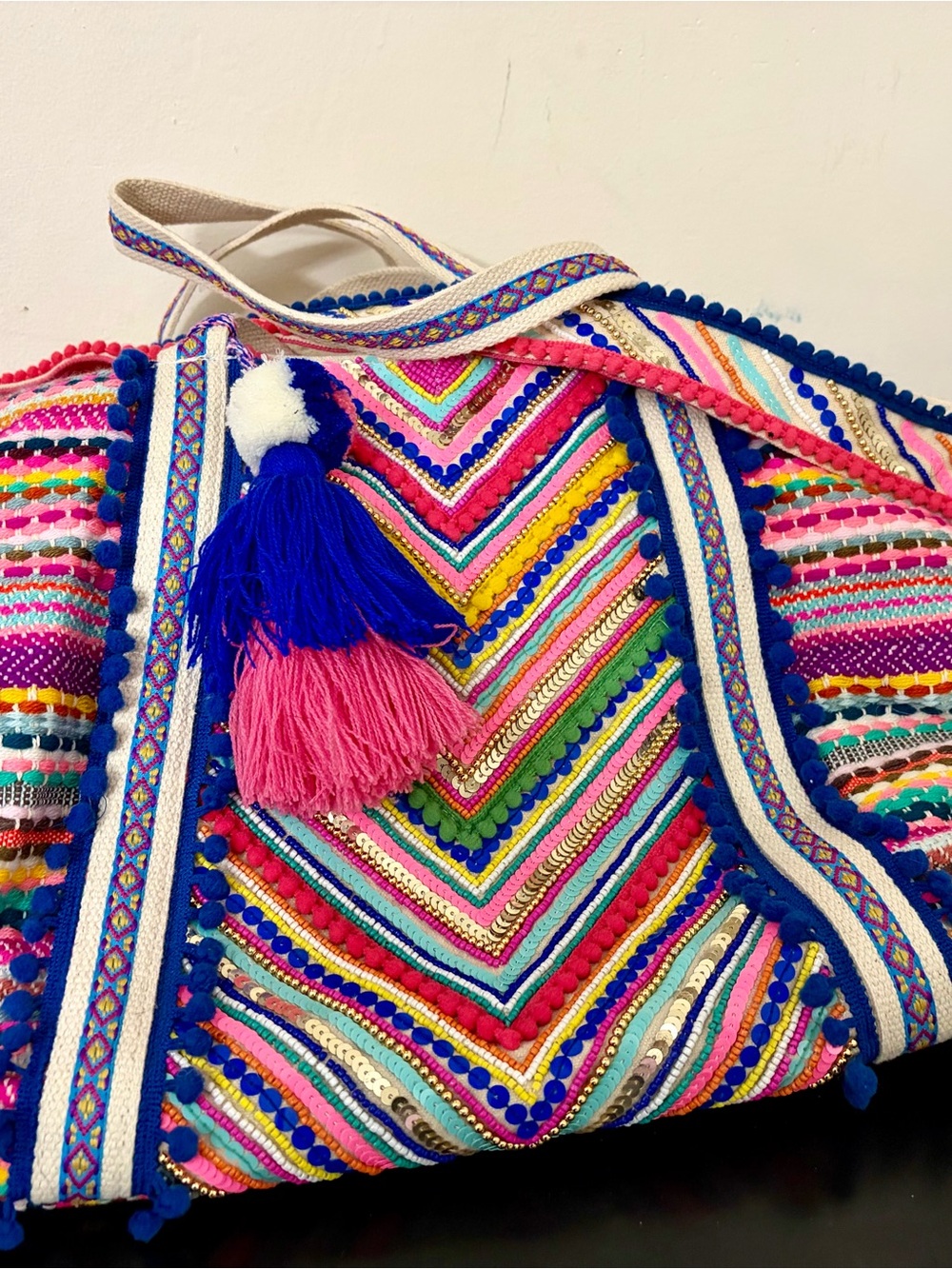 Handcrafted Multicolor Boho Tassel Tote - Pink & Blue Accents